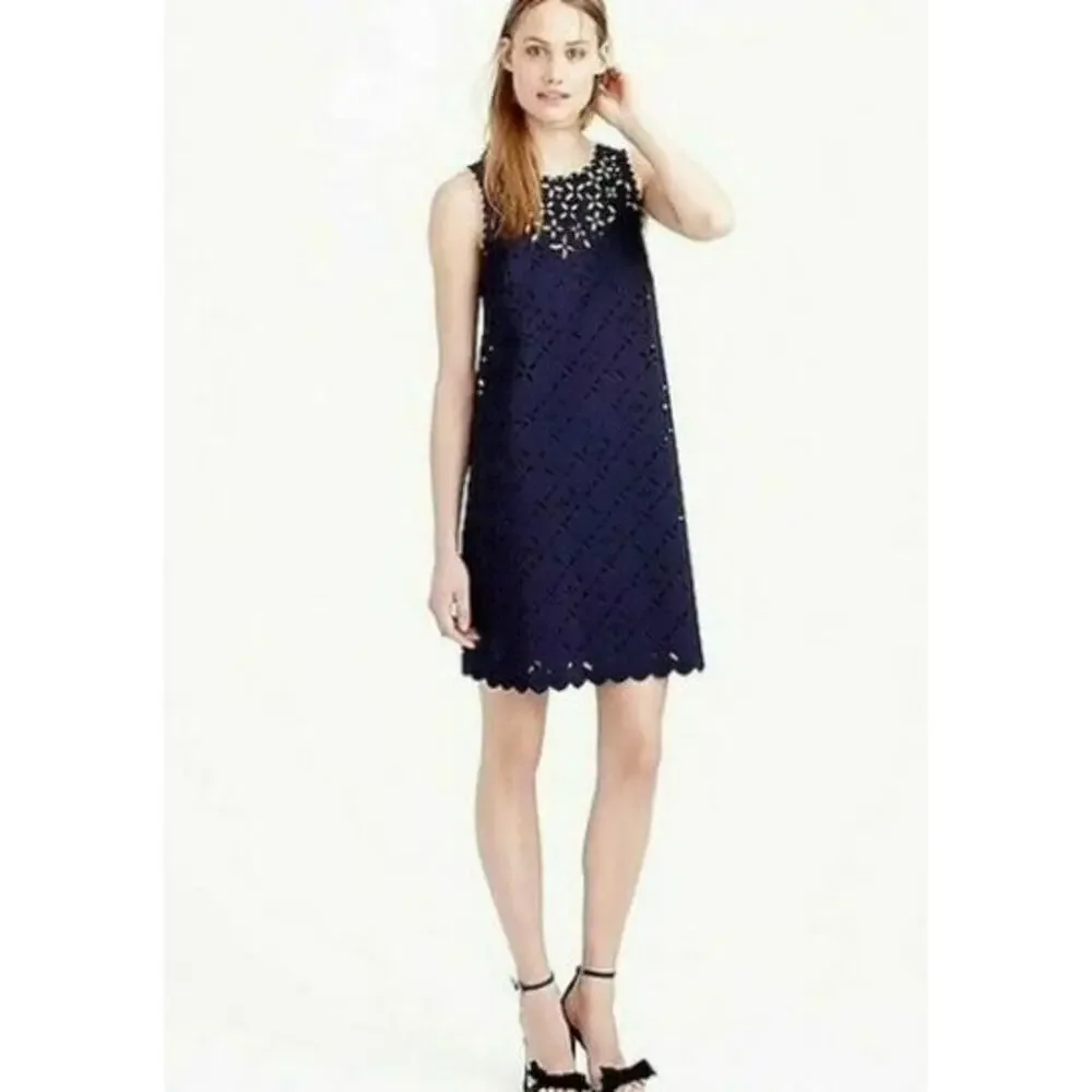 J. Crew Womens Blue Sleeveless Shift Dress Size 2 Cocktail Eyelet Cut Out Floral